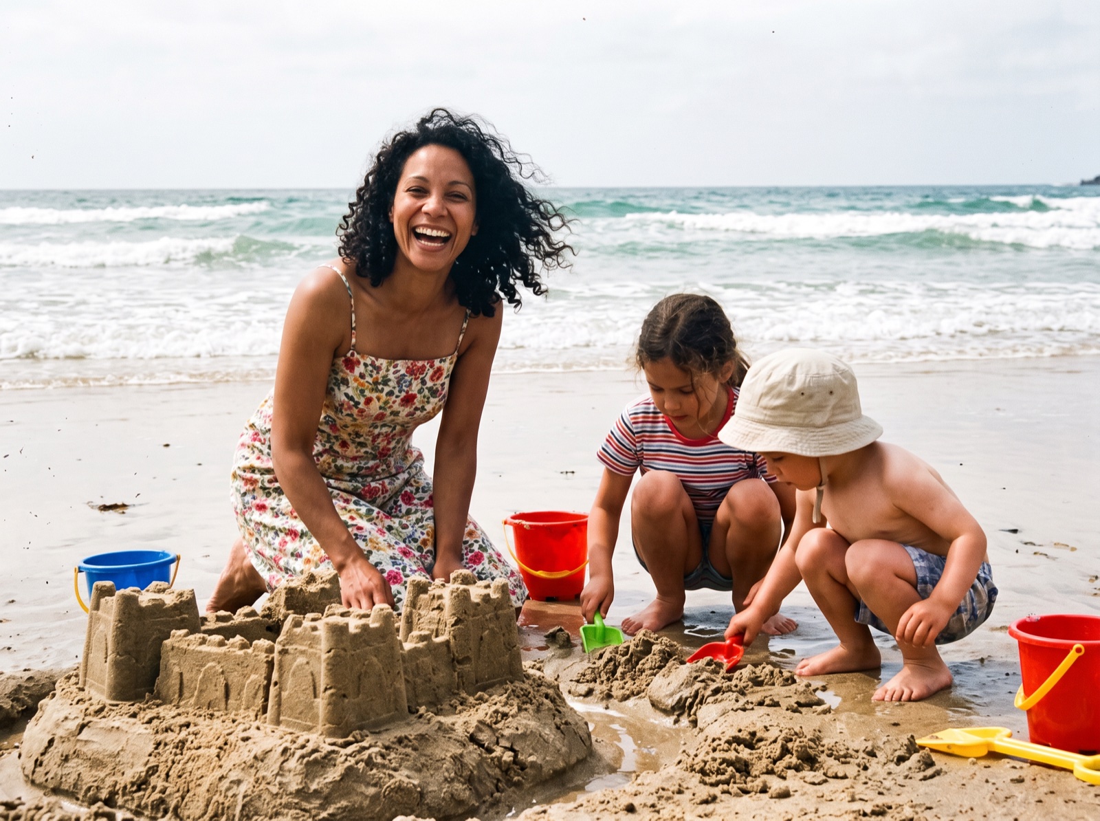 Sandcastle engineering with Martha and Luke — Cornwall, 1999